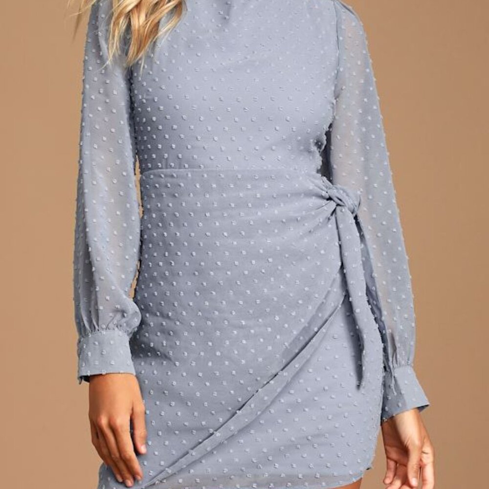 Lulus Much Love Light Blue Swiss Dot Long Sleeve Tie-front Mini Dress - Size M